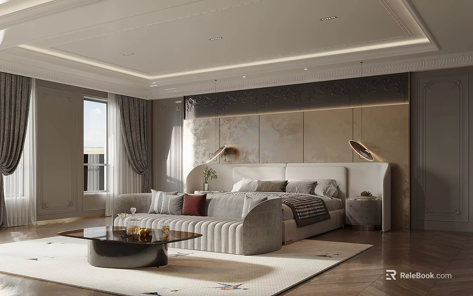 Modern Bedroom Interior With Large Bed Decorative Wall Soft Rug And Floor To Ceiling Window 3d model 