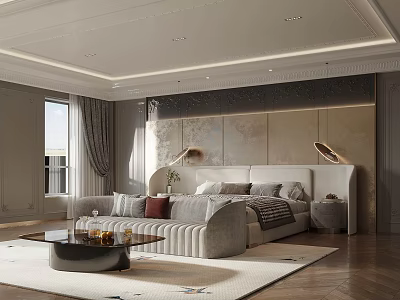 Modern Bedroom Interior With Large Bed Decorative Wall Soft Rug And Floor To Ceiling Window 3d model
