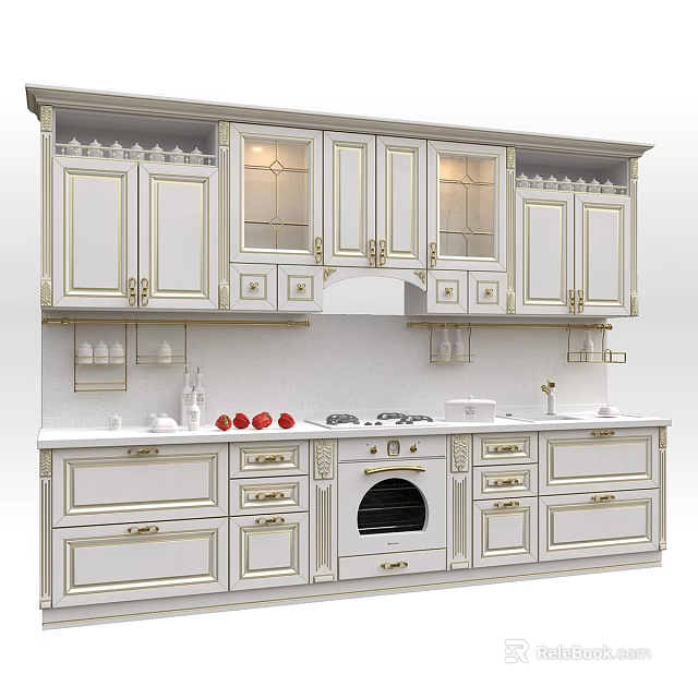 Elegant White Kitchen Interior With Glass Door Cabinets Gold Hardware And Stove 3d model 