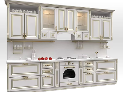 Elegant White Kitchen Interior With Glass Door Cabinets Gold Hardware And Stove 3d model