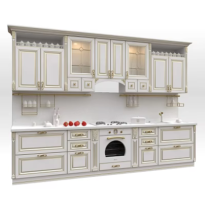 Elegant White Kitchen Interior With Glass Door Cabinets Gold Hardware And Stove 3d model