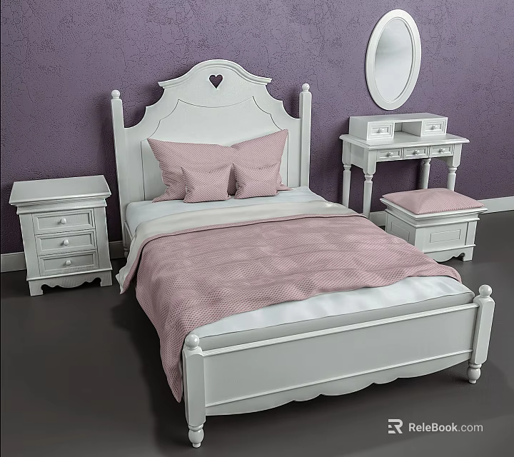 White Double Bed with Heart Shaped Headboard Pink Quilt Pillows Purple Wall White Nightstand Dresser Mirror 3d model 
