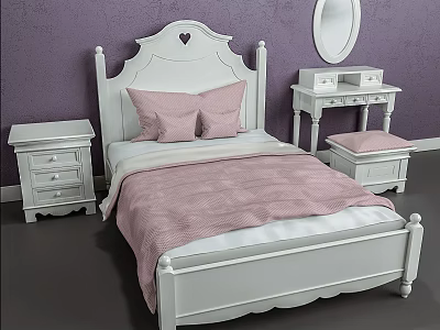 White Double Bed with Heart Shaped Headboard Pink Quilt Pillows Purple Wall White Nightstand Dresser Mirror 3d model