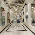 Clothing Store Interior With Display Racks Clothes Seating Area Light Green Walls And Chandeliers