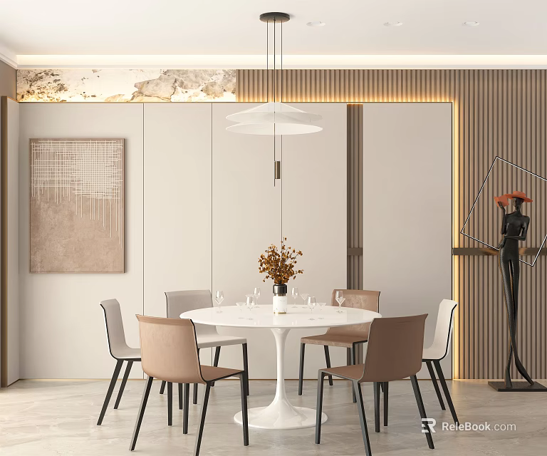 Modern Restaurant Interior With Round White Table Beige Chairs Pendant Light and Decorative Painting 3d model 