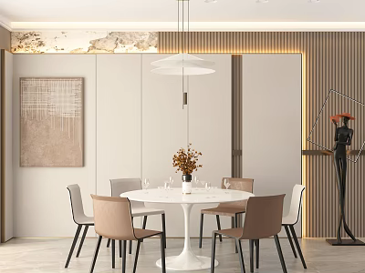 Modern Restaurant Interior With Round White Table Beige Chairs Pendant Light and Decorative Painting 3d model