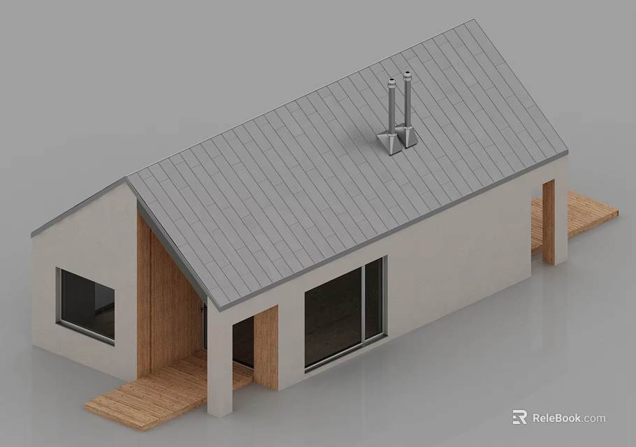 Modern House Exterior Design Featuring Gray Roof White Walls Wooden Door And Chimney 3d model 
