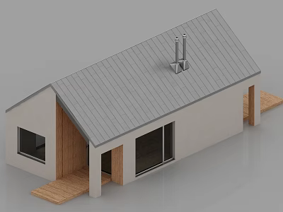 Modern House Exterior Design Featuring Gray Roof White Walls Wooden Door And Chimney 3d model