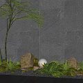 Courtyard Garden Design With Gray Wall Green Plants Rocks And Spherical Decorations
