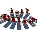 Multiple People Practicing Yoga in Red Outfits on Gray Mats with Various Poses in Circle