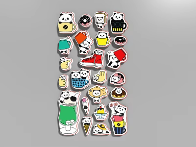 Cute Cartoon Stickers With Panda Cup Shoe Ice Cream Donut Hand Dog Different Shapes Colors 3d model