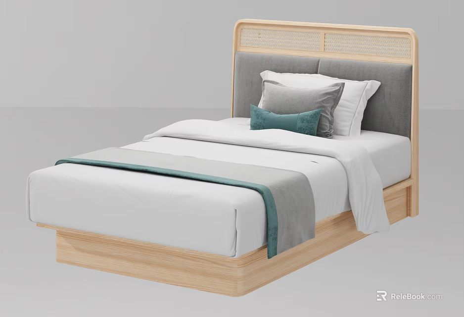 Modern Double Bed With Wooden Frame Rattan Headboard And Teal Throw Pillows 3d model 