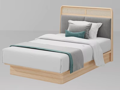 Modern Double Bed With Wooden Frame Rattan Headboard And Teal Throw Pillows 3d model