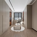Modern Bedroom Interior Design With Comfortable Bed Area Rug Striped Accent Chair And Large Window