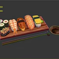 Assorted Sushi Platter on Wooden Tray with Chopsticks and Soy Sauce