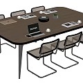 Modern Wooden Conference Table With Laptop Cups Documents And Surrounding Chairs