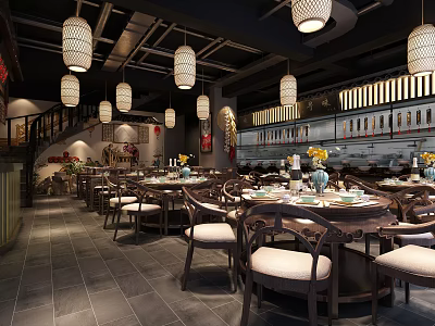 Traditional Chinese Restaurant Interior With Hanging Lanterns Round Tables And Wooden Chairs 3d model