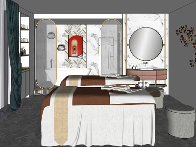 Elegant SPA Sauna Interior With Massage Beds Marble Mirror And Bathtub 3d model