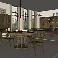 Warm Modern Dining Living Room Interior With Wooden Table Chairs Chandelier Bookshelves And Large Windows