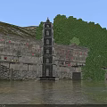 Ancient Architecture Complex With Multi Story Buildings By Water Green Trees And Mountain