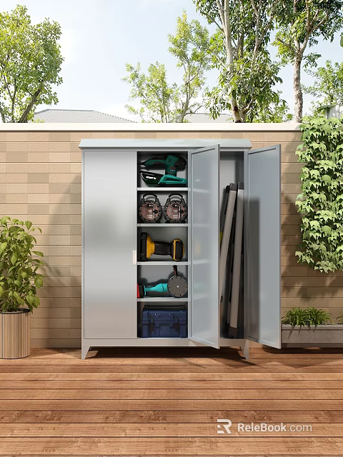 Outdoor Storage Cabinet With Shelves For Tools And Equipment Near Brick Wall And Green Plants 3d model 