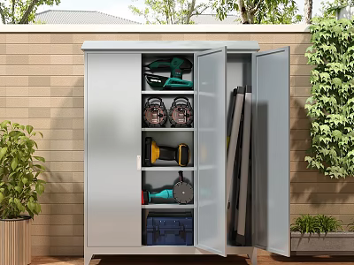 Outdoor Storage Cabinet With Shelves For Tools And Equipment Near Brick Wall And Green Plants 3d model