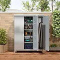 Outdoor Storage Cabinet With Shelves For Tools And Equipment Near Brick Wall And Green Plants