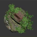 Miniature Landscape Scene With Green Trees Red Fruits Small Cabin And Rock Base