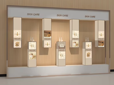 Modern Skin Care Product Display Cabinet With Wooden Background And Neatly Arranged Items 3d model