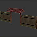 Rustic Wooden Entrance Gate With Side Wooden Fences And Tiled Roof Canopy
