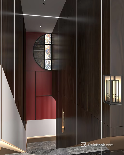 Modern Staircase Design With Wooden Elements Red Accent Wall And Circular Window Lighting 3d model