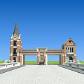 Red Brick Entrance Gate With Steeple Tower Stone Bridge And Waterfront View