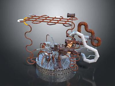Abstract Metal Art Sculpture With Rusted Pipes Coils White Tubes And Round Base 3d model