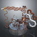 Abstract Metal Art Sculpture With Rusted Pipes Coils White Tubes And Round Base