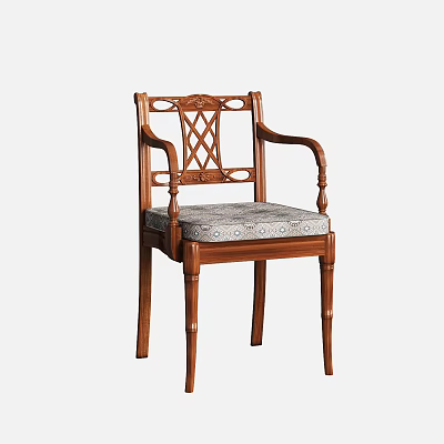 Elegant Wooden Single Chair With Carved Backrest Armrests And Patterned Fabric Seat Cushion 3d model