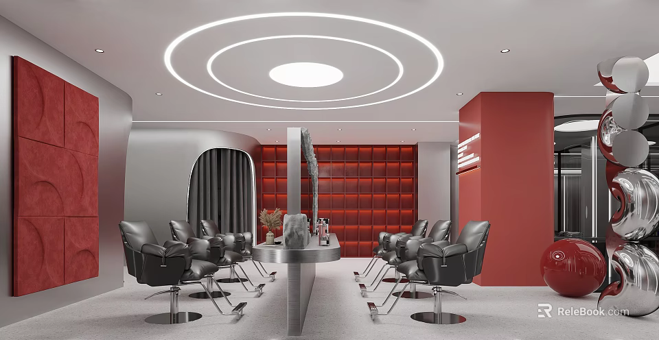 Modern Hair Salon Interior With Red Accent Wall Black Styling Chairs And Circular Ceiling Lights 3d model 