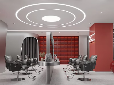 Modern Hair Salon Interior With Red Accent Wall Black Styling Chairs And Circular Ceiling Lights 3d model
