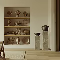 Wooden Shelves Displaying Various Decorative Sculptures On Stone Bases Including Human Head And Animal Carvings