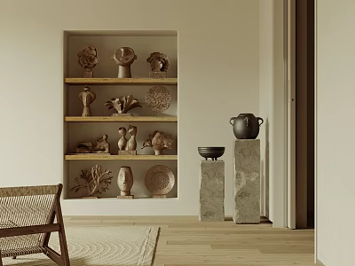 Wooden Shelves Displaying Various Decorative Sculptures On Stone Bases Including Human Head And Animal Carvings 3d model