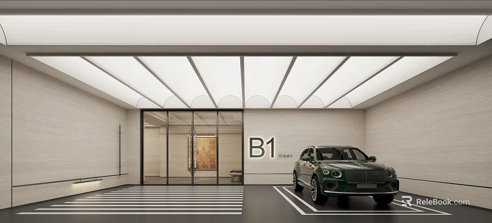 Modern Elevator Lobby Featuring B1 Sign Green Car Glass Doors and Light Walls 3d model 
