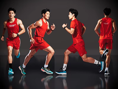 Men In Red Sportswear Running With Various Angles And Blue Running Shoes 3d model