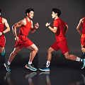 Men In Red Sportswear Running With Various Angles And Blue Running Shoes