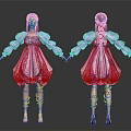 3D Female Character Design With Pink Dress Braided Hair Puffy Sleeves And Purple Heels 3d model