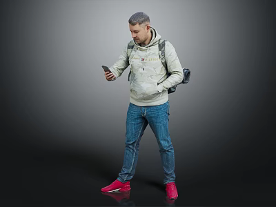 A man wearing hoodie and jeans using phone with backpack on gray background 3d model