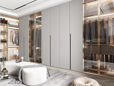 Modern Walk in Closet Interior With Glass Fronted Cabinets And Cozy Seating 3d model