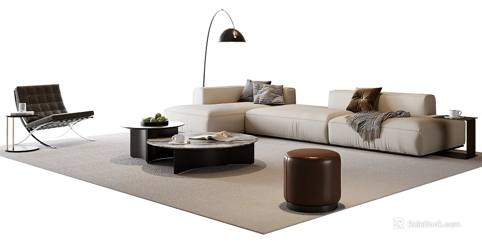 Modern Beige Sofa And Black Coffee Table Set With Brown Stool Floor Lamp And Pillows 3d model 