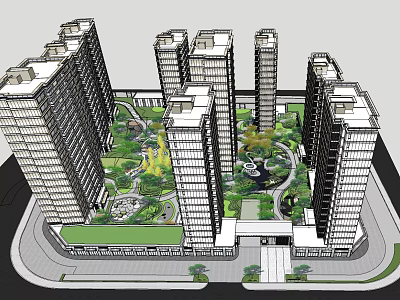 Modern High Rise Residential Complex With Central Green Garden Landscape Pathways And Entrance Design 3d model