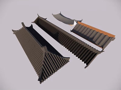 Traditional Ancient Architecture Roof Components Featuring Black Tiles And Orange Tile Sections 3d model