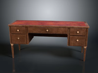 Classic Wooden Desk With Red Top And Multiple Drawers Featuring Metal Knobs 3d model