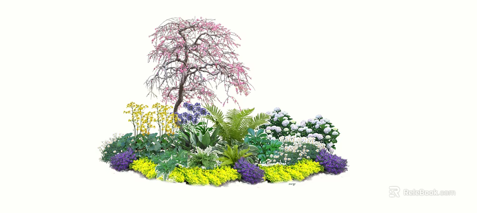 Colorful Flower Garden With Pink Blossom Tree Yellow Purple White Blooms And Green Foliage 3d model 